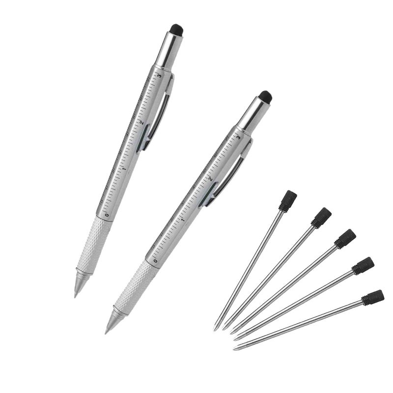 AIYIBEN Multifunction Tool Pen, 6 in 1 Tool with Ballpoint Pen, Touch Screen Stylus, Ruler, Spirit Level, Flat-head and Phillips Screwdriver, All-in-One Tech-Tool Pen with Ink Refills (2Ã—Silver + 5Ã—Refills) - Image 1